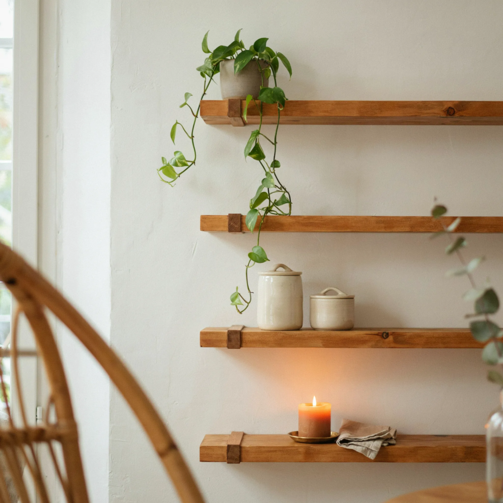 Floating raw timber shelves in cozy warm bedroom