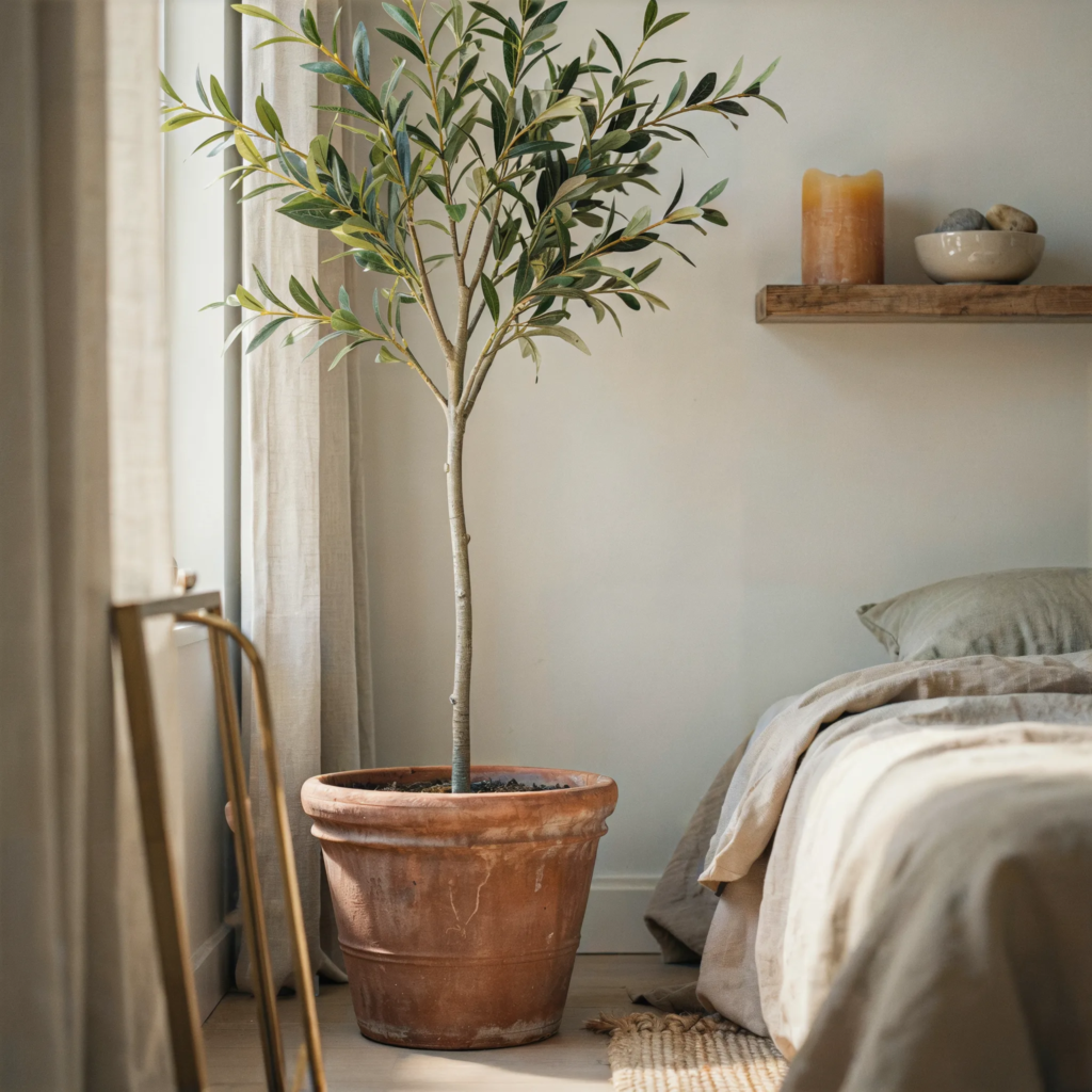 Tall indoor olive tree in unglazed terracotta pot in cozy warm bedroom corner