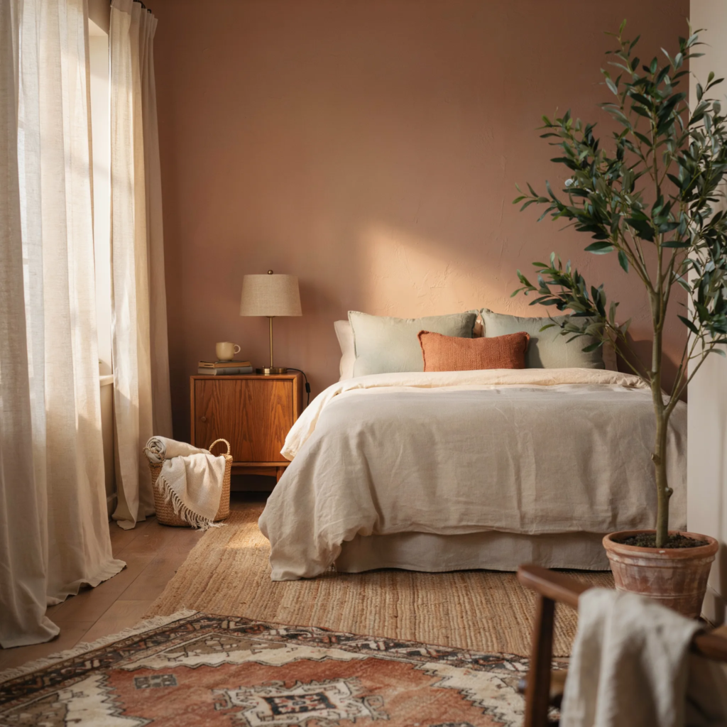 Cozy warm bedroom aesthetic with terracotta accent wall sage green pillows and earth tone color palette