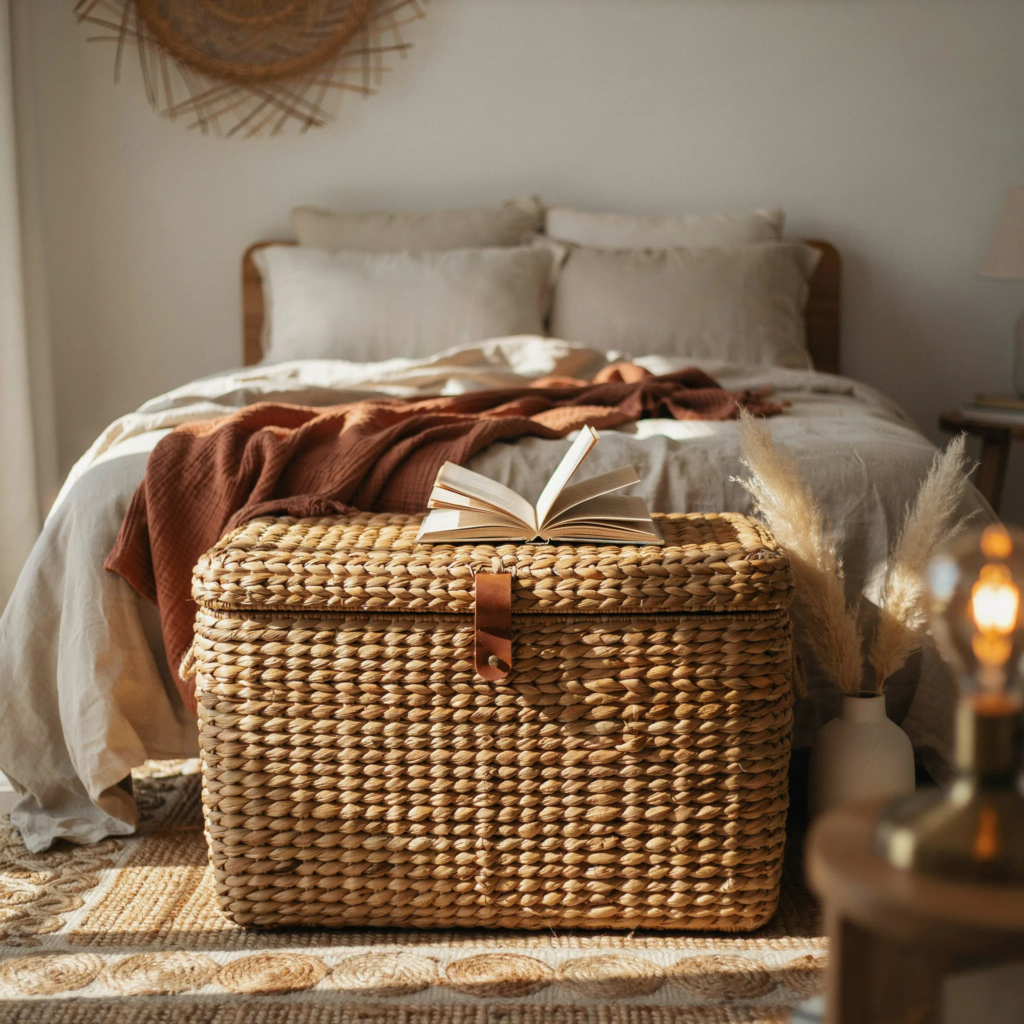 Hand-woven golden brown seagrass storage trunk at foot of bed in warm bedroom aesthetic