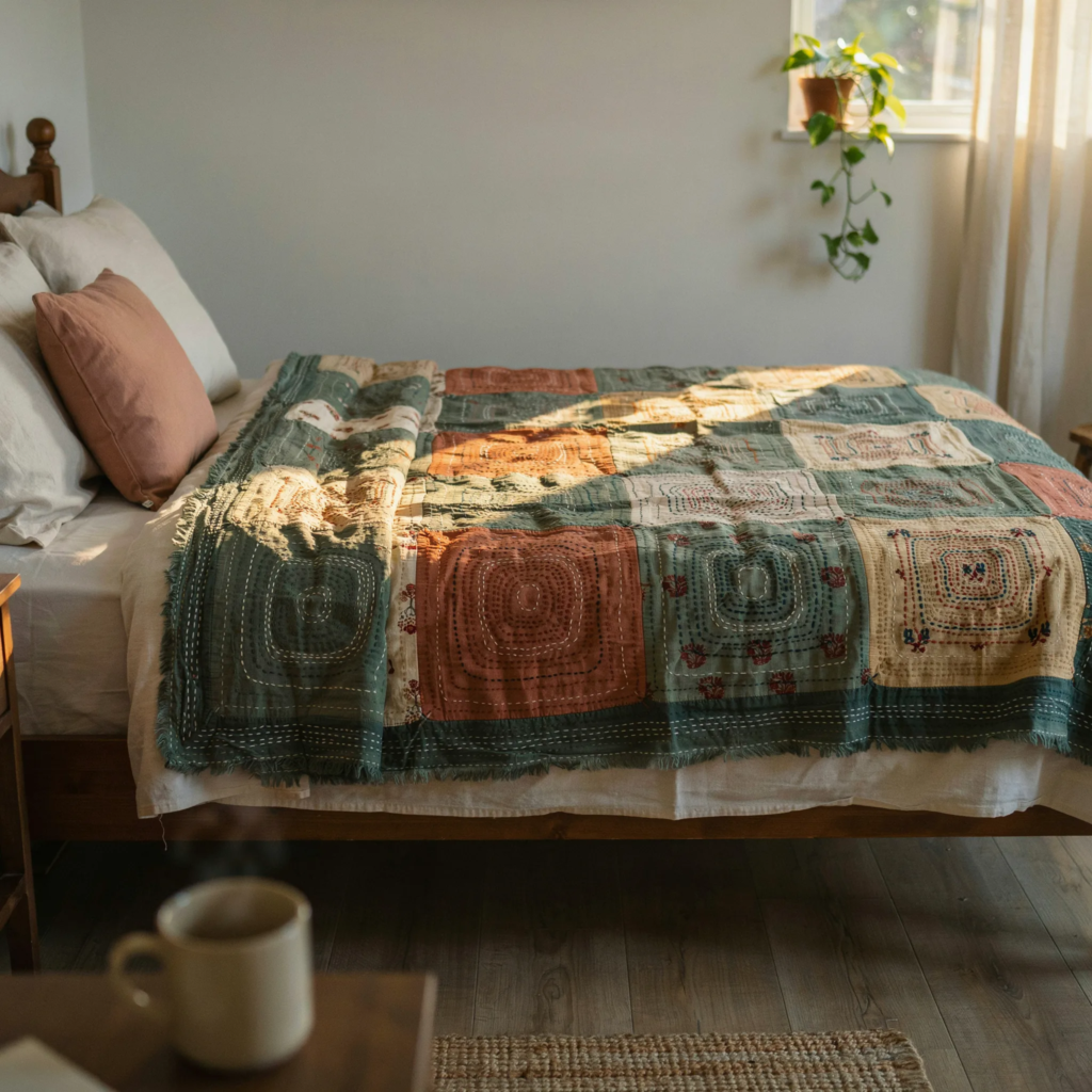 Upcycled vintage silk Kantha quilt in sage green and terracotta layered on cozy warm bedroom bed