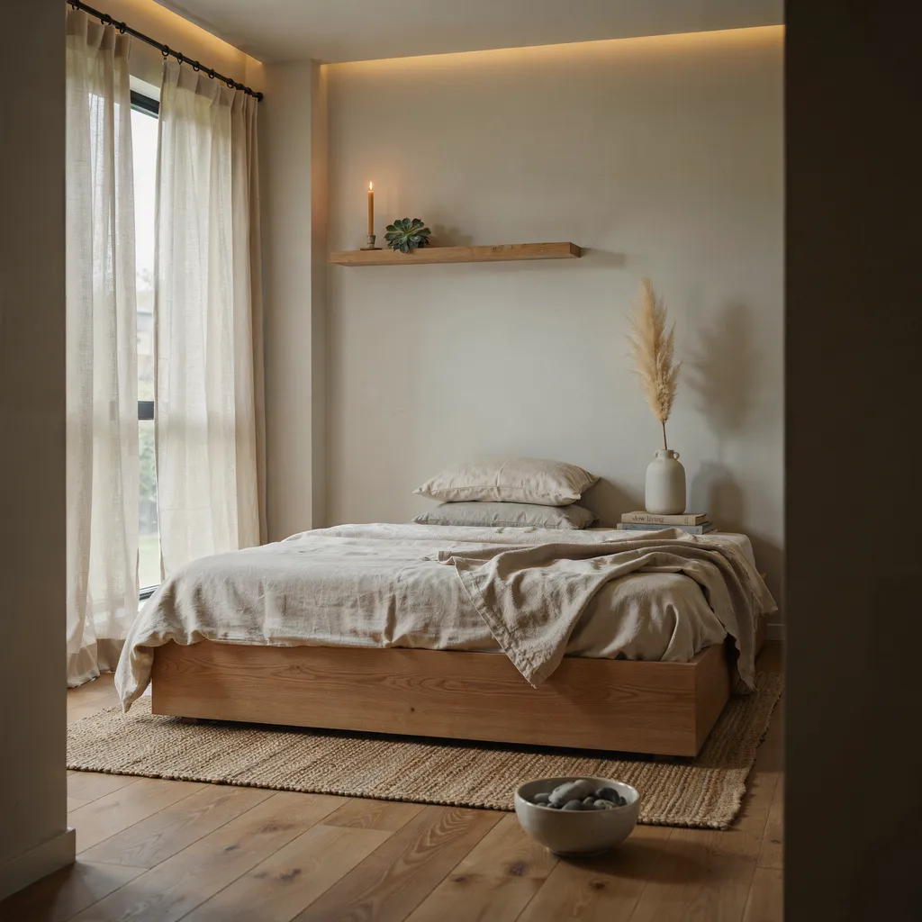Japandi minimalist warm cozy bedroom with linen bedding and amber lamp