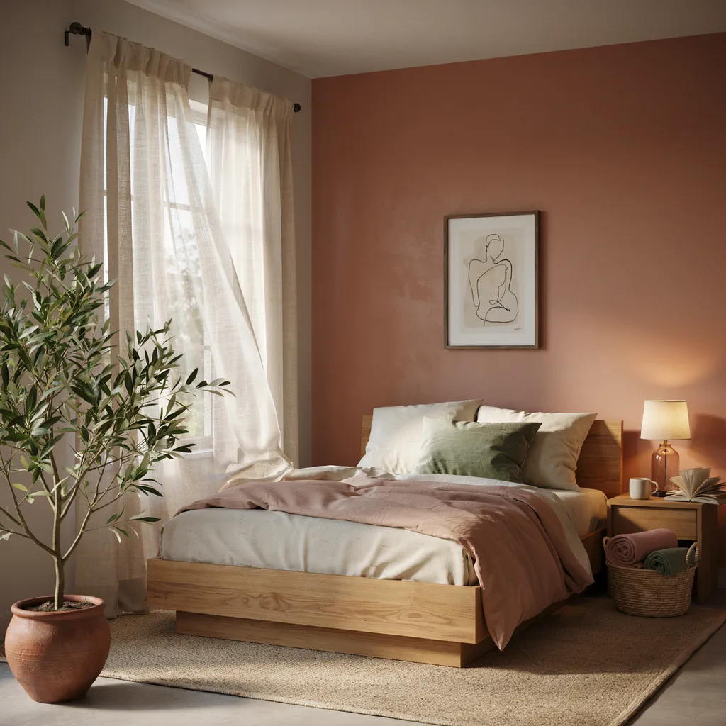 Earthy terracotta room aesthetic with sage green accents and clay pottery