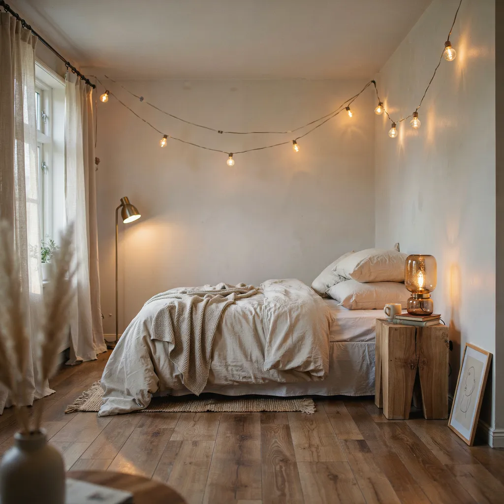 Amber lighting sanctuary bedroom with warm golden glow