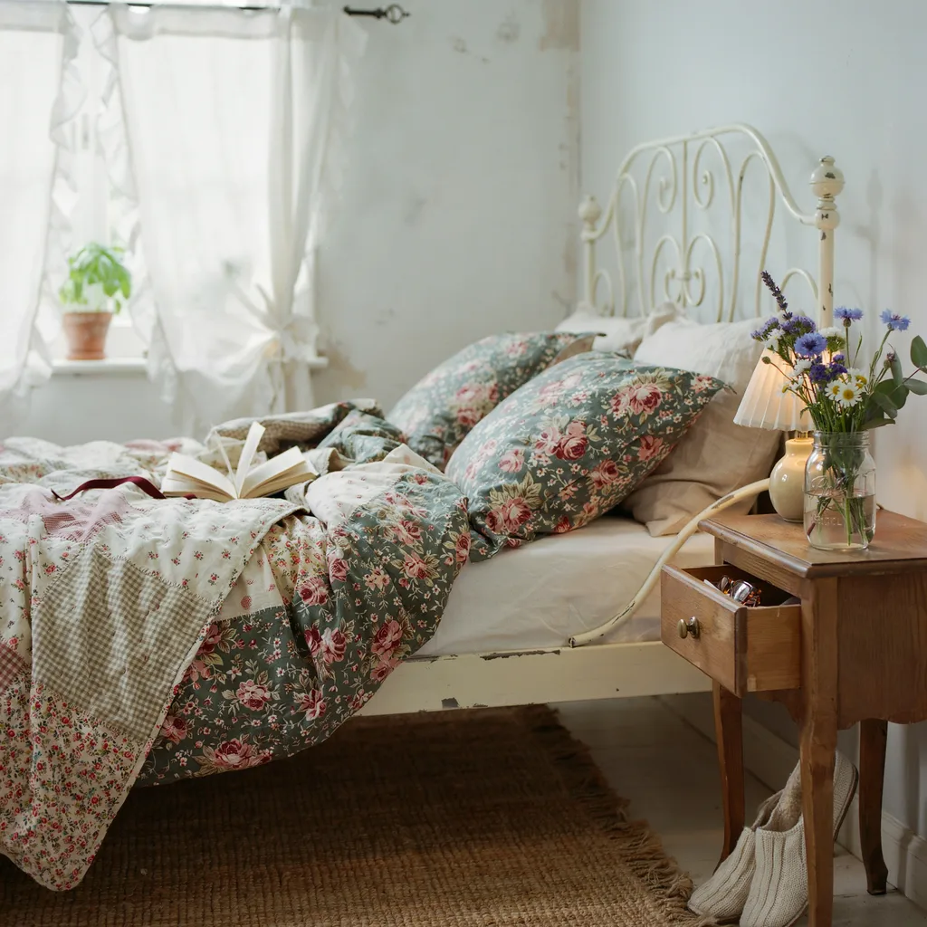 Vintage cottagecore bedroom with floral quilt and wildflowers