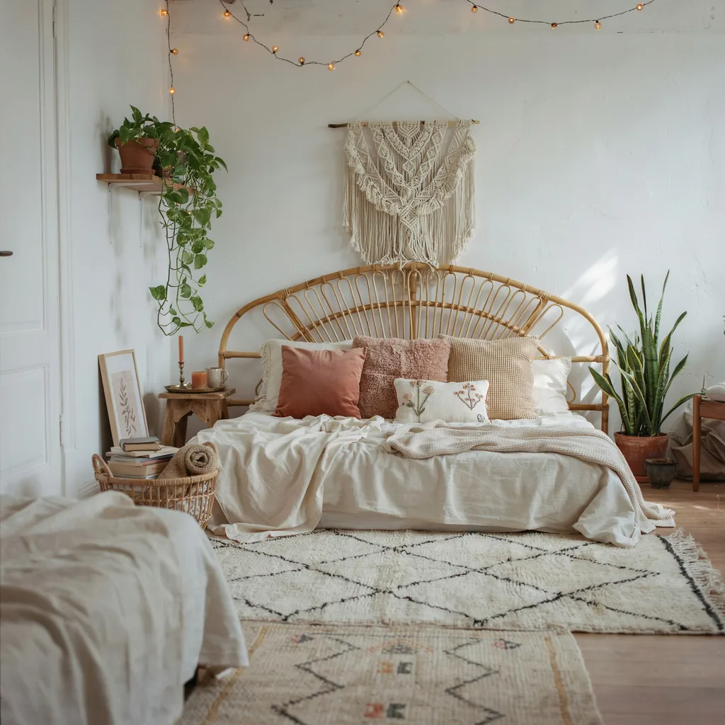 Layered bohemian oasis with rattan headboard and indoor plants