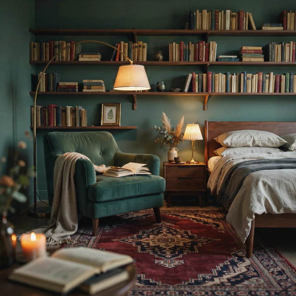 Dark academia literary nook with forest green walls and brass lamp