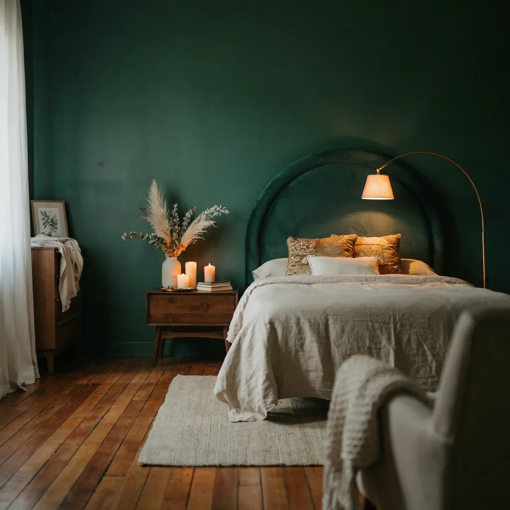 Moody dark cozy bedroom with forest green walls and velvet cushions