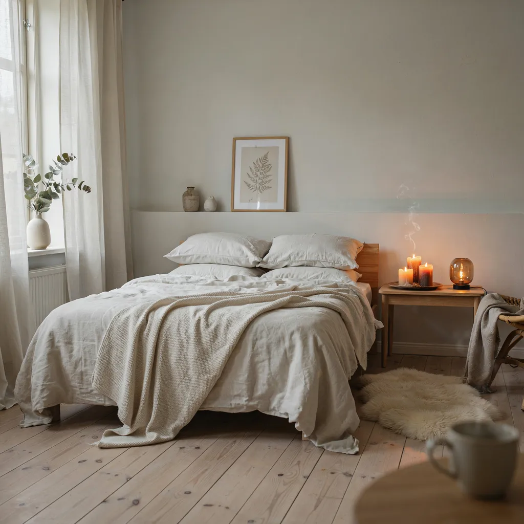 Scandinavian hygge bedroom with chunky knit blankets and sheepskin rug