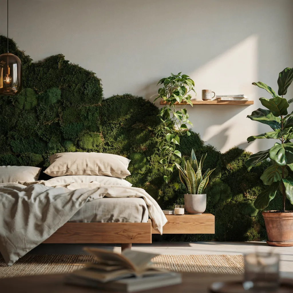 Biophilic botanical haven bedroom with moss wall and fiddle leaf fig