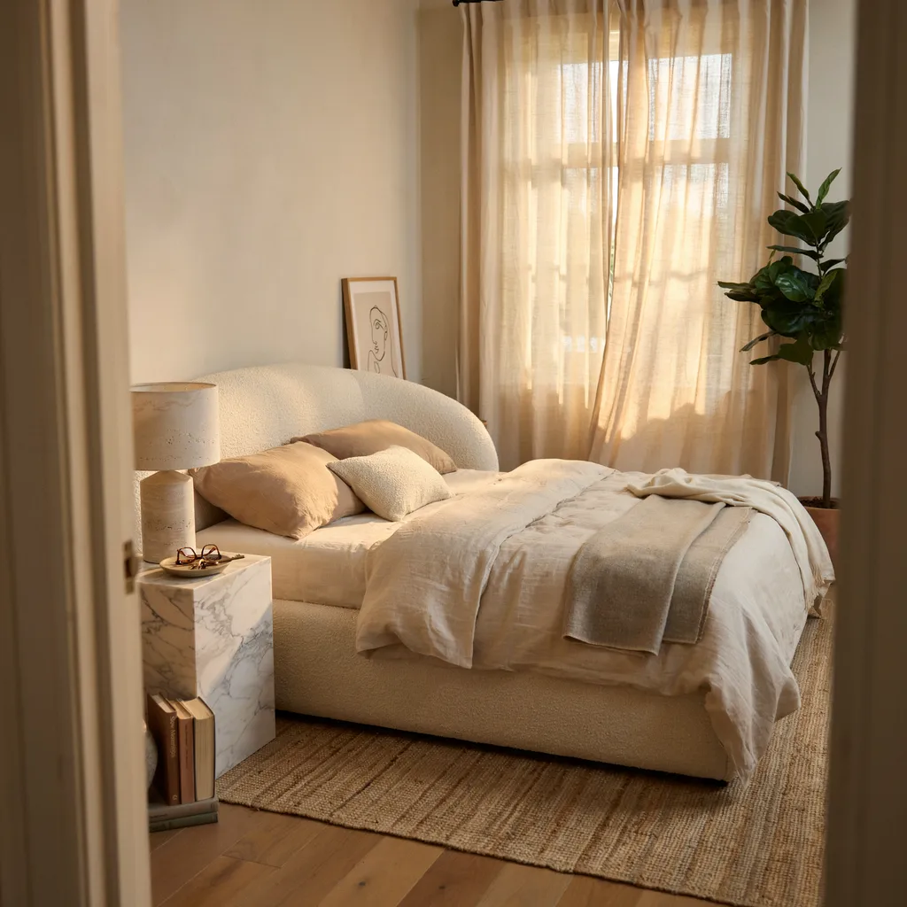 Quiet luxury warm bedroom with bouclé bed frame and travertine lamp