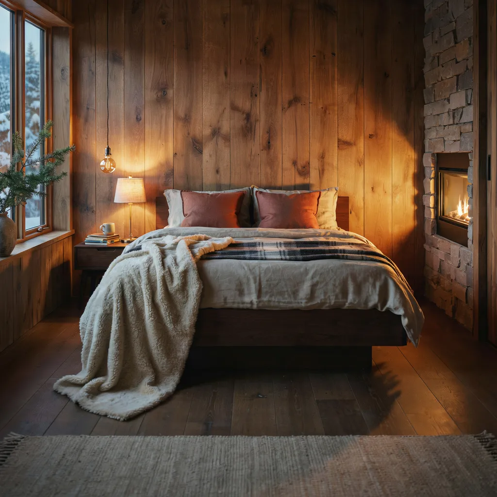 Alpine log cabin bedroom with timber panels and electric fireplace