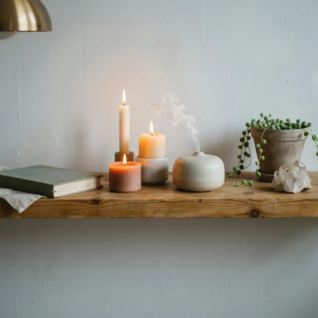 Candle and ceramic nightstand styling with beeswax candles