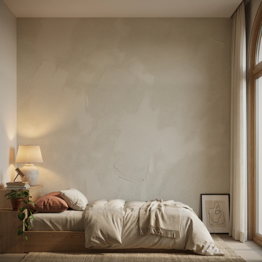 Matte sand lime plaster accent wall in apartment bedroom