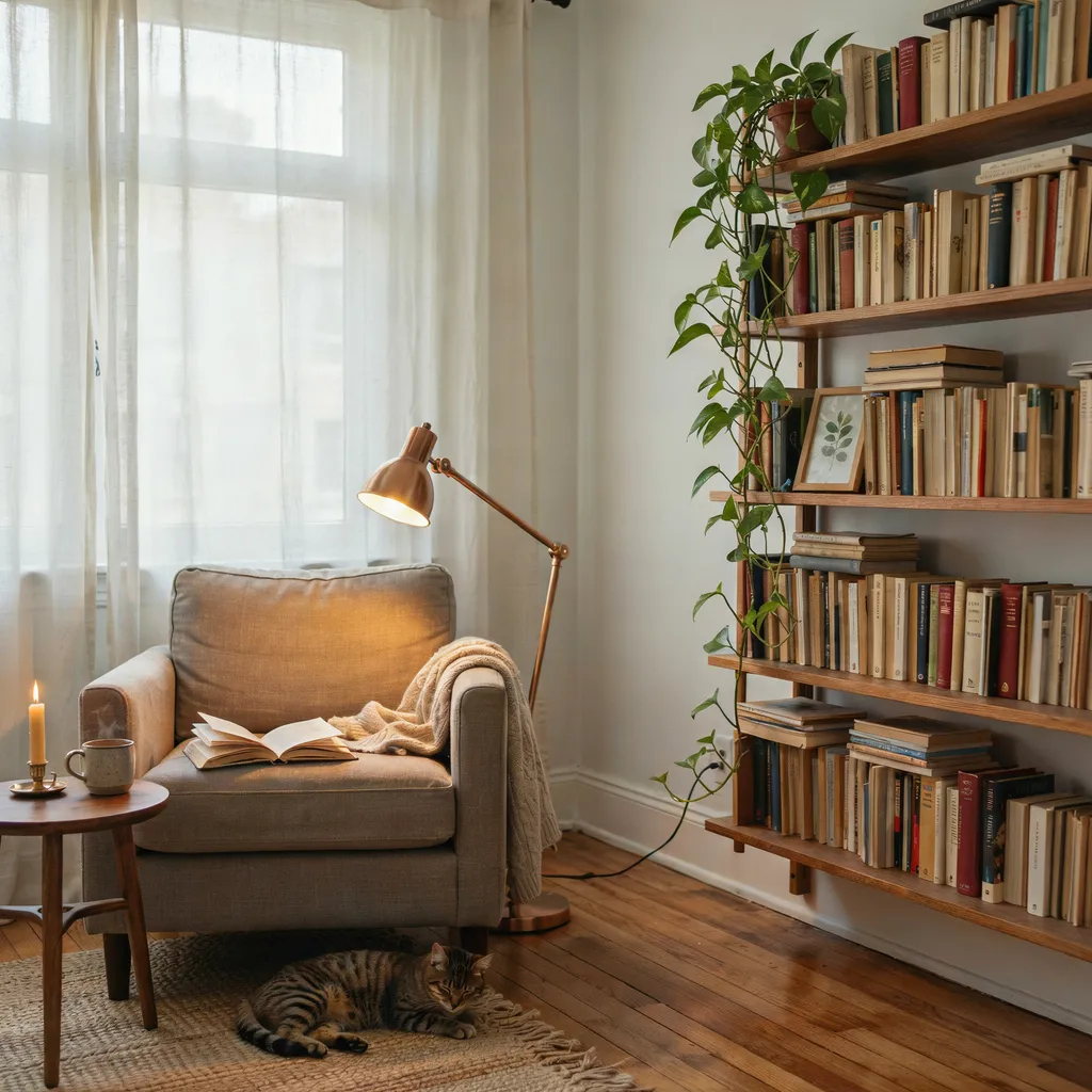 Reading nook cozy corner with linen armchair and brass lamp