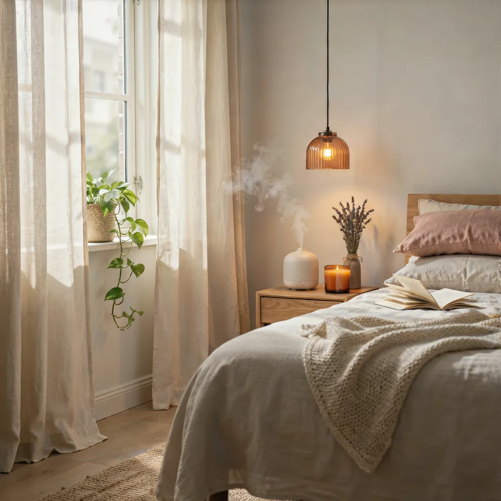 Scent and sensory warm bedroom with essential oil diffuser and amber lighting