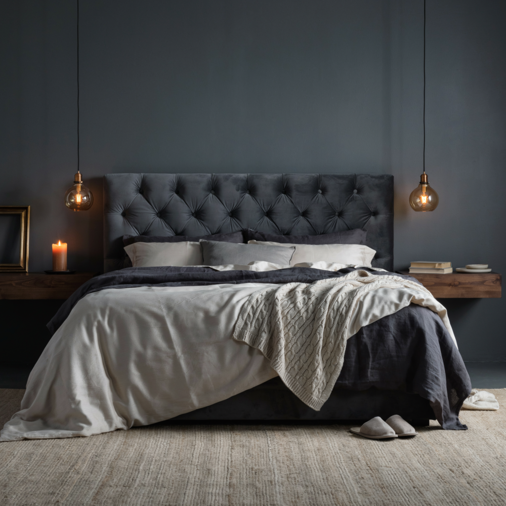 Deep charcoal velvet moody bedroom with warm amber pendant lights and chunky knit throw