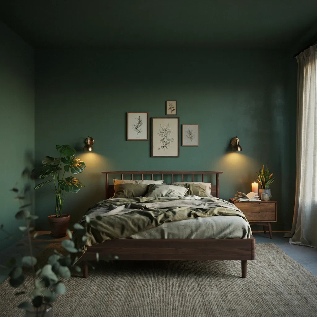 Forest green botanical moody bedroom with monstera plant and brass wall sconces