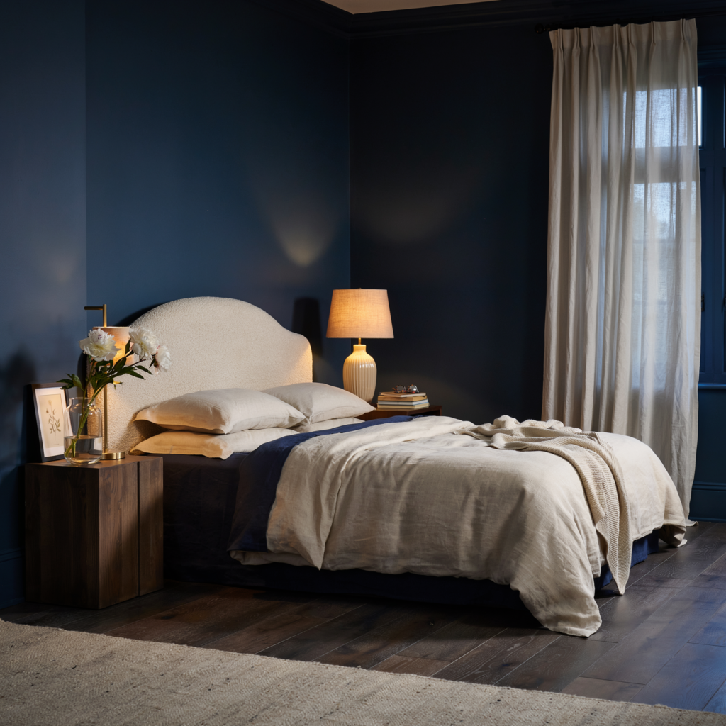 Midnight navy blue moody bedroom with cream bouclé headboard and gold brass lamps