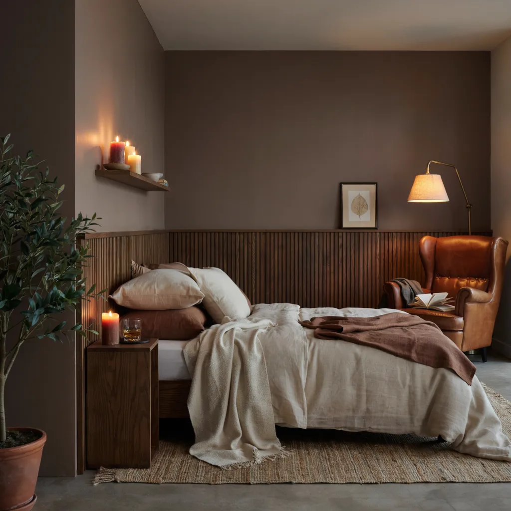 Rich espresso brown moody bedroom with cognac leather chair and reading nook