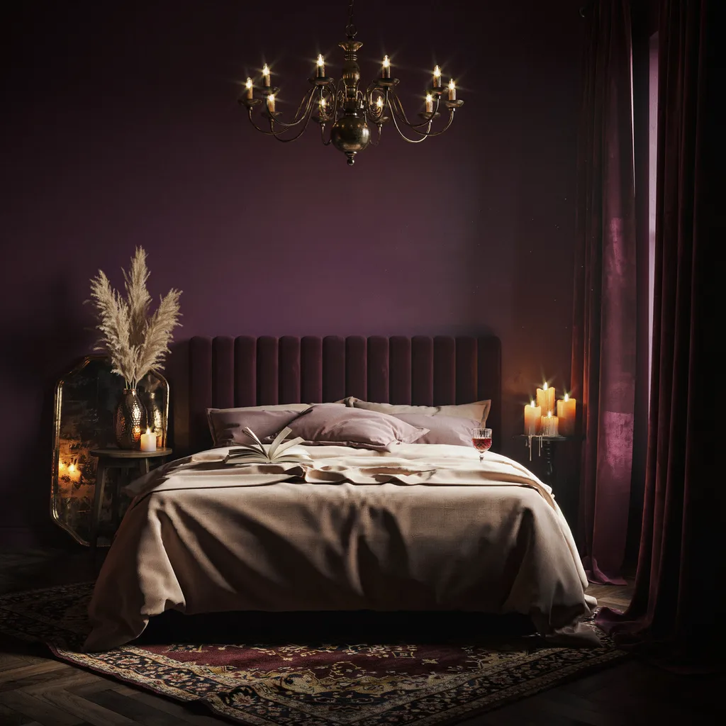Gothic romance plum and burgundy moody bedroom with velvet headboard and brass chandelier