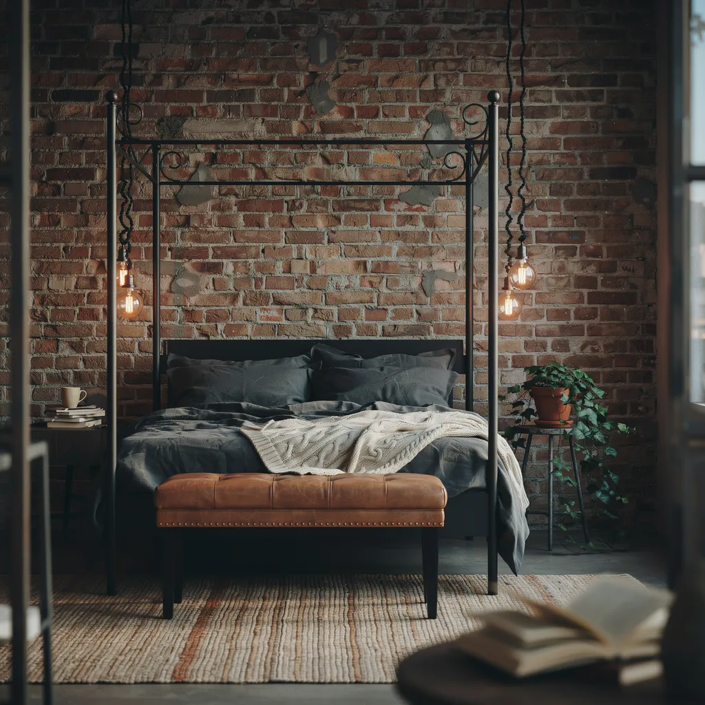 Industrial smoked amber moody bedroom with black iron canopy bed and Edison lights