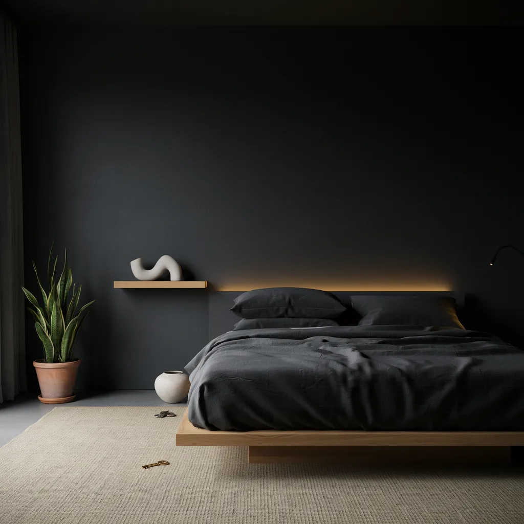 Dark minimalist matte black moody bedroom with white oak platform bed and LED glow
