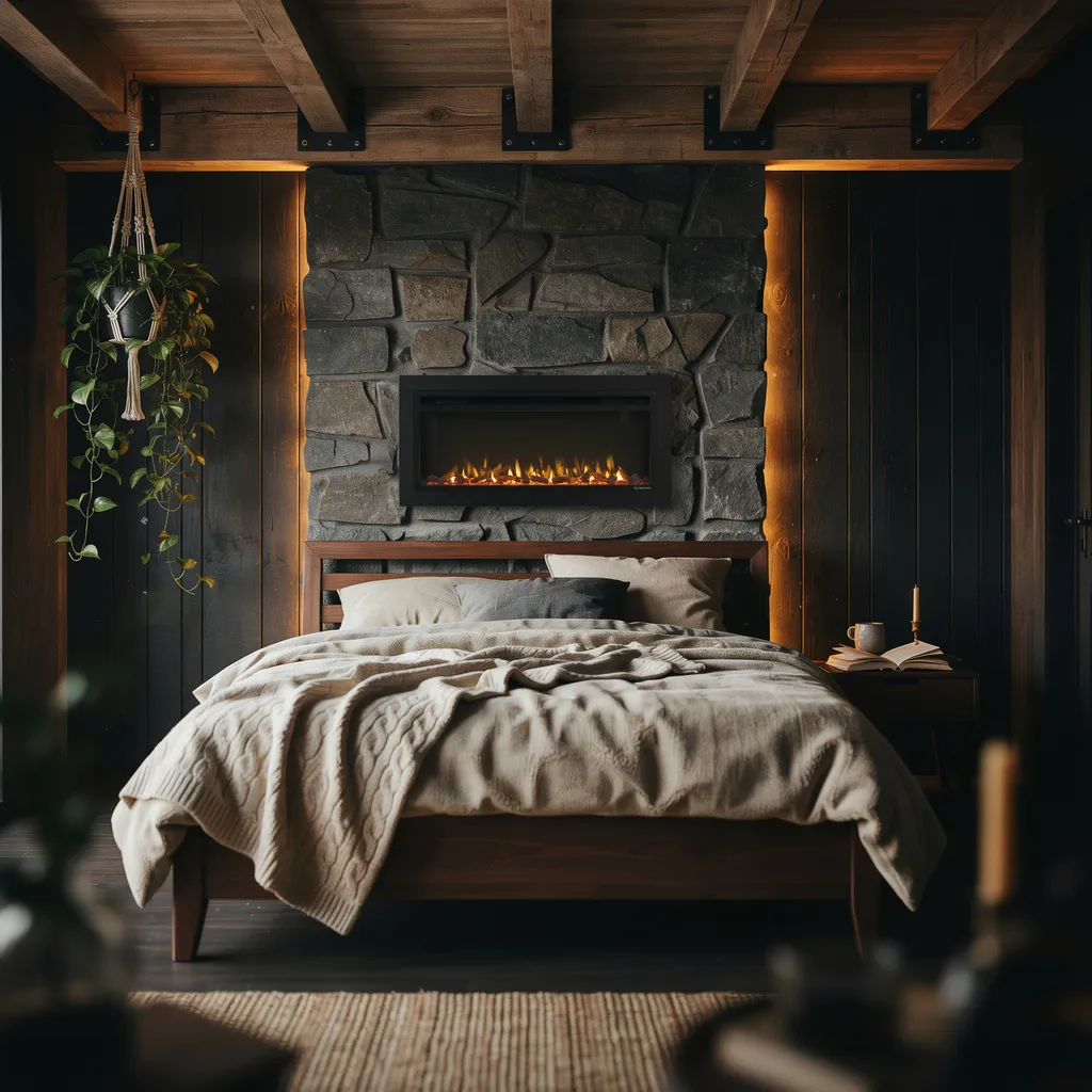 Rustic obsidian cabin moody bedroom with black wood walls and electric fireplace