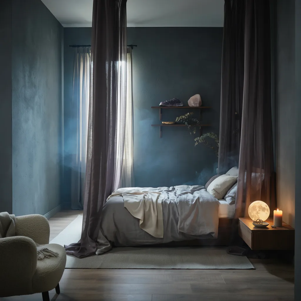 Ethereal twilight fog moody bedroom with sheer canopy and glowing moon lamp