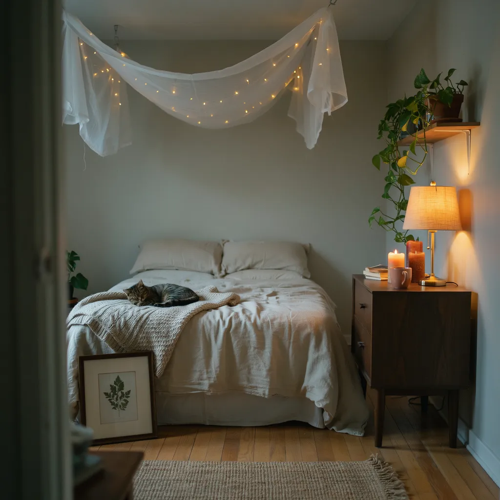 Warm amber string lights and beeswax candles transforming cozy apartment bedroom on a budget