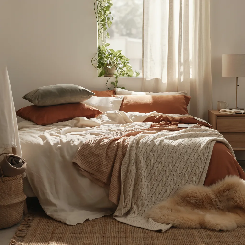 Thrifted linen bedding layers in terracotta and cream for cozy budget apartment bedroom
