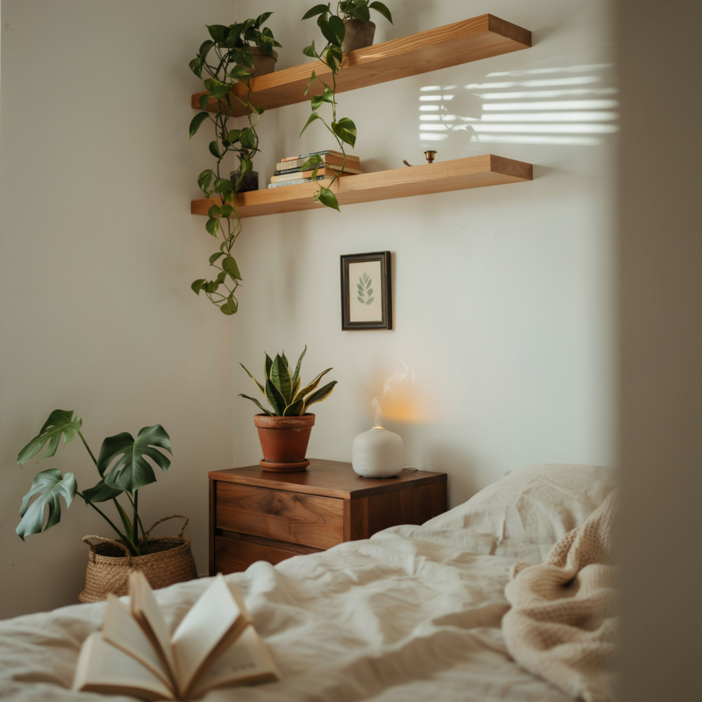 Floating wooden shelves with pothos and snake plants creating cozy apartment bedroom plant oasis