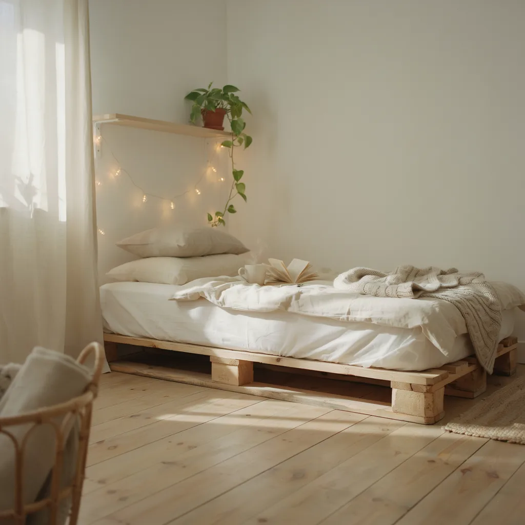 DIY wooden pallet bed frame with white linen bedding in cozy budget apartment bedroom