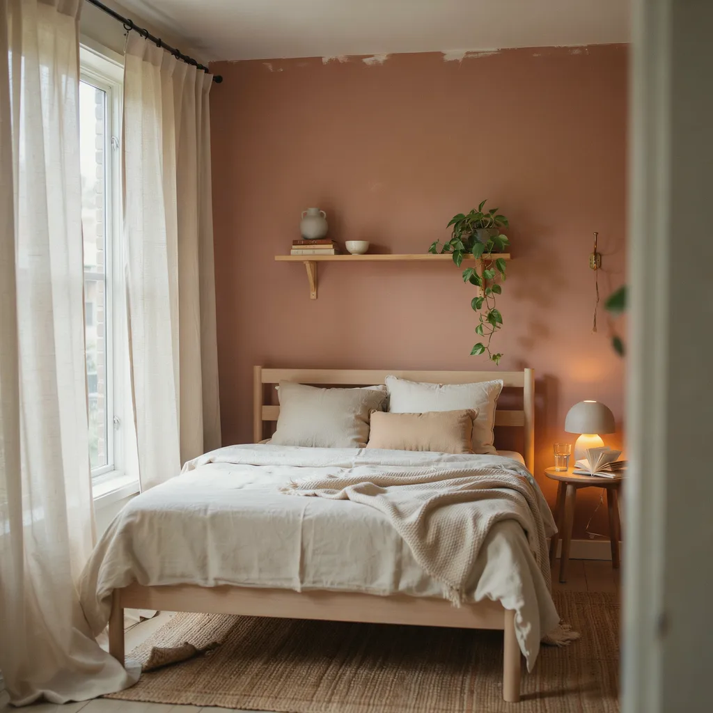 Warm terracotta earthy accent wall behind bed in cozy apartment bedroom on a budget