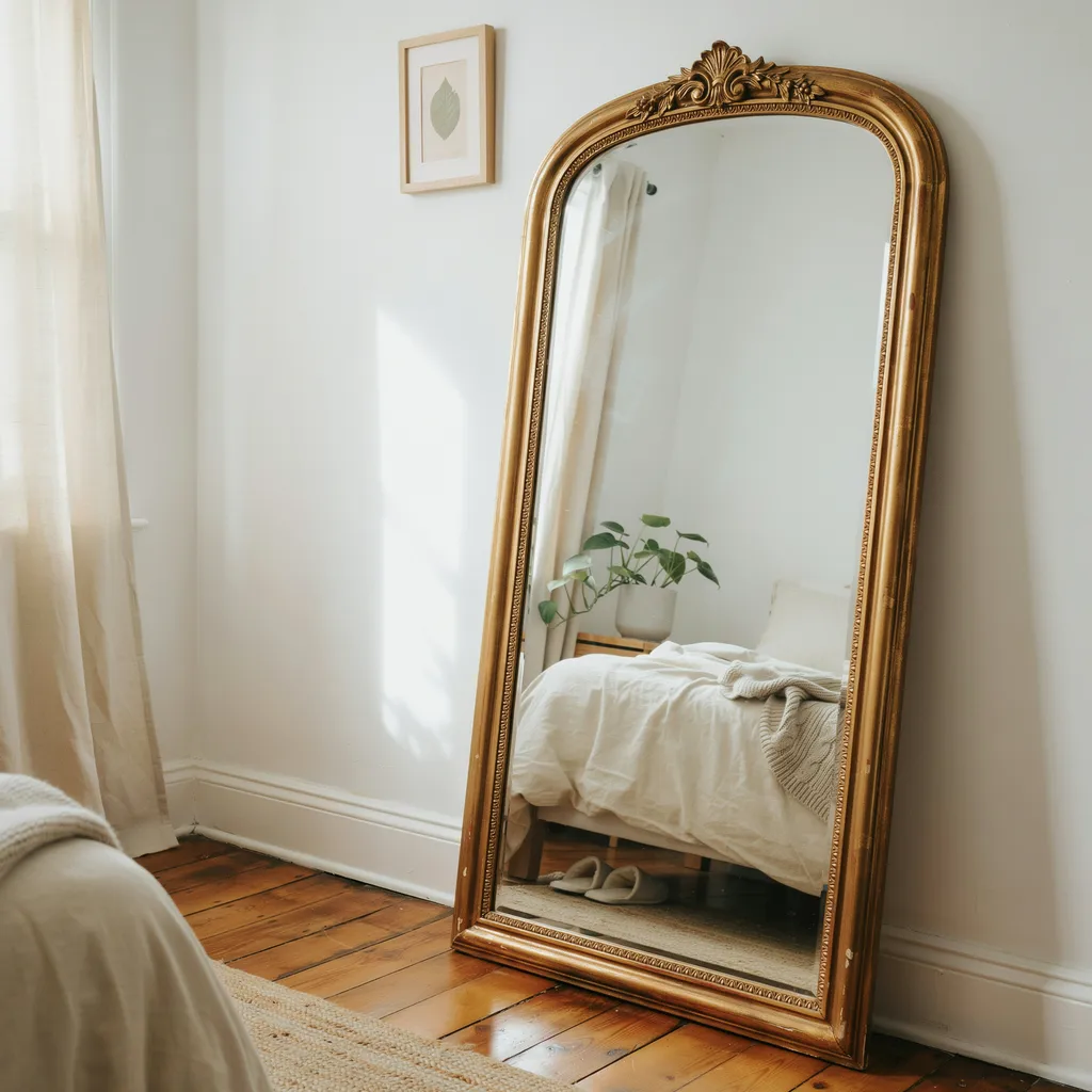 Thrifted oversized vintage mirror leaning against wall in small cozy apartment bedroom