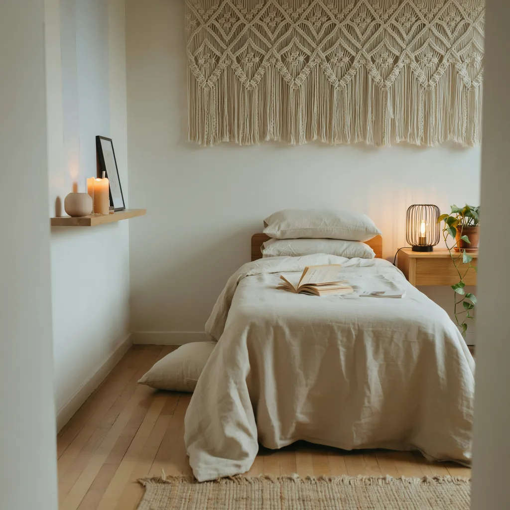 DIY macramé cotton wall hanging above bed in cozy budget apartment bedroom aesthetic