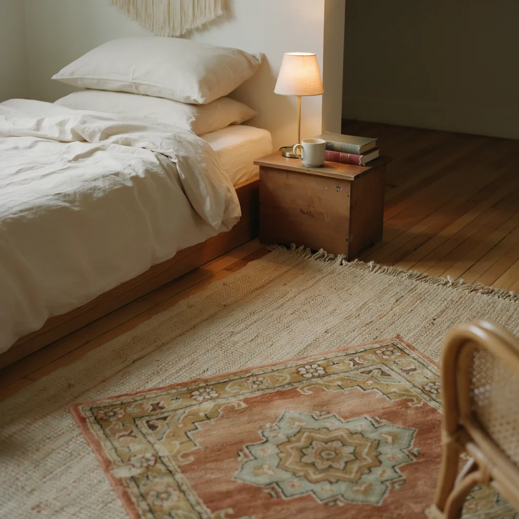 Thrifted layered jute and vintage rug on hardwood floor in cozy apartment bedroom