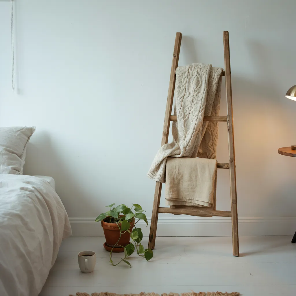 Rustic wooden blanket ladder with chunky knit throw in cozy budget apartment bedroom