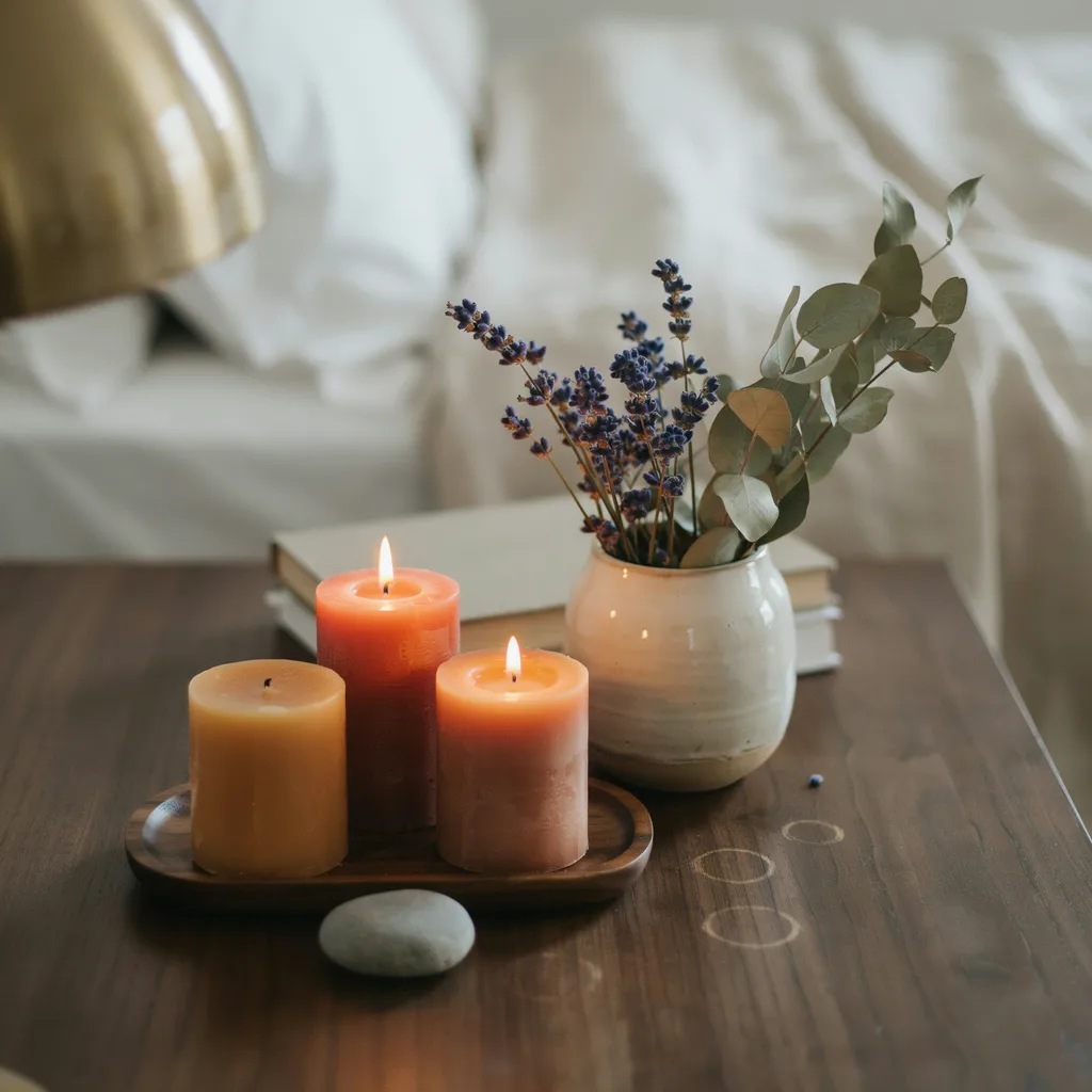 Beeswax candles ceramic vessel and crystal on wooden nightstand in cozy apartment bedroom