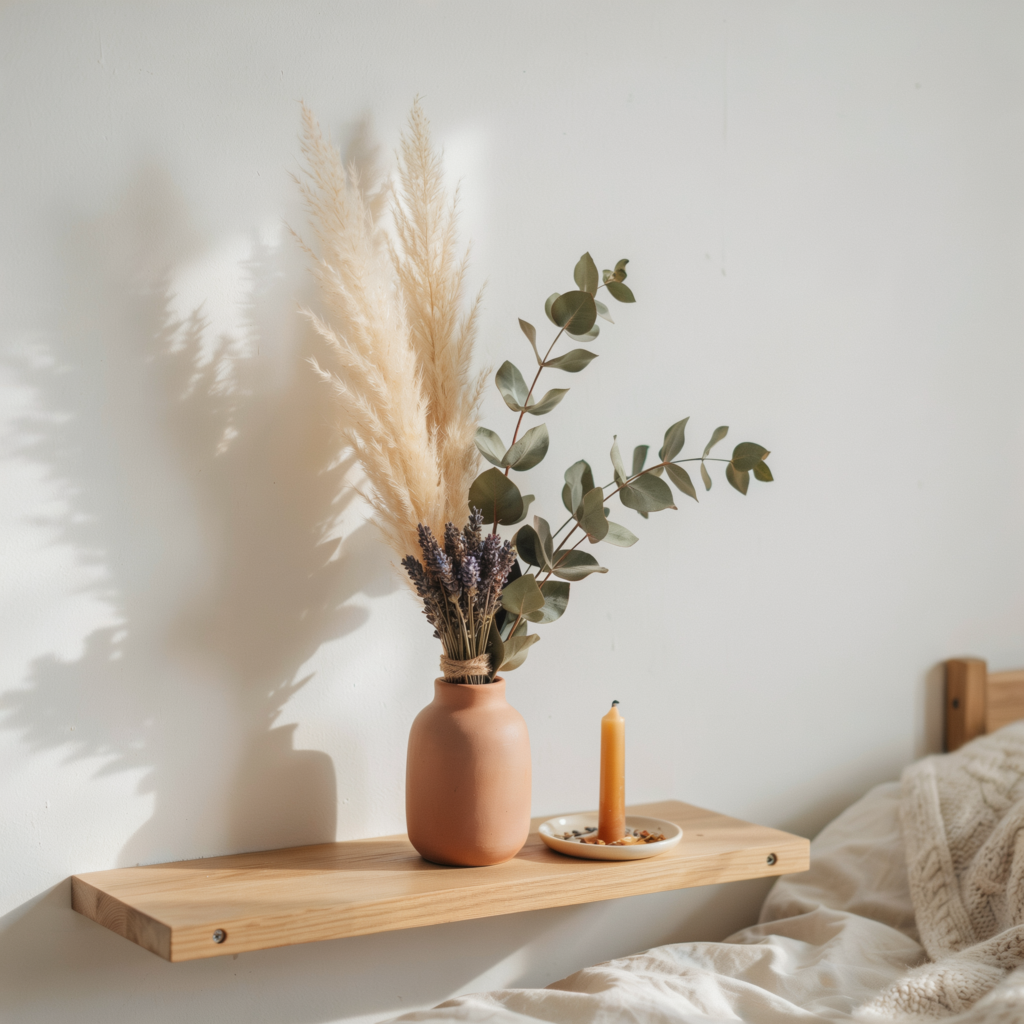 DIY dried pampas grass lavender and eucalyptus botanical arrangement in budget bedroom