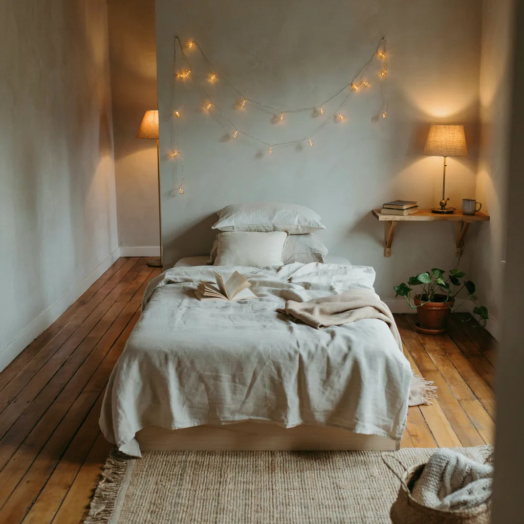 Warm amber string lights and bedside lamp layered at three heights in a small room