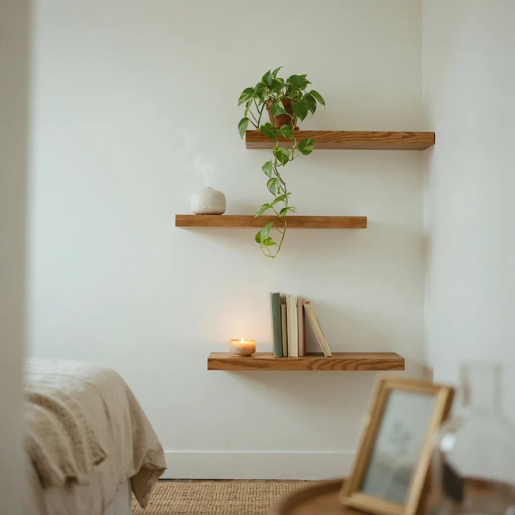 Floating timber shelves with pothos plant and ceramic decor in a compact bedroom