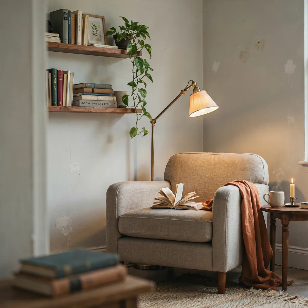 Cozy reading nook with linen armchair brass floor lamp and floating bookshelves in small space