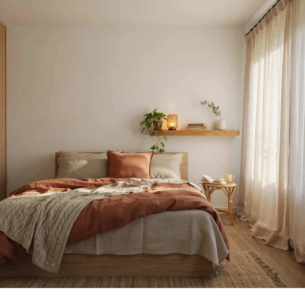 Layered earth tone organic linen bedding with chunky knit throw and terracotta cushions
