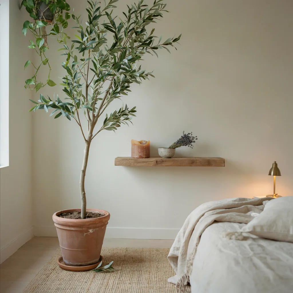 Tall fiddle leaf fig in terracotta pot adding organic height to a small cozy bedroom