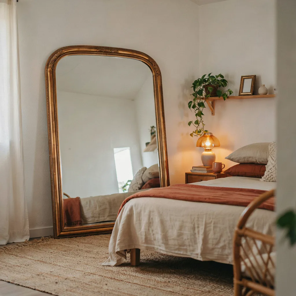 Large thrifted vintage mirror leaned against wall reflecting natural light in small room