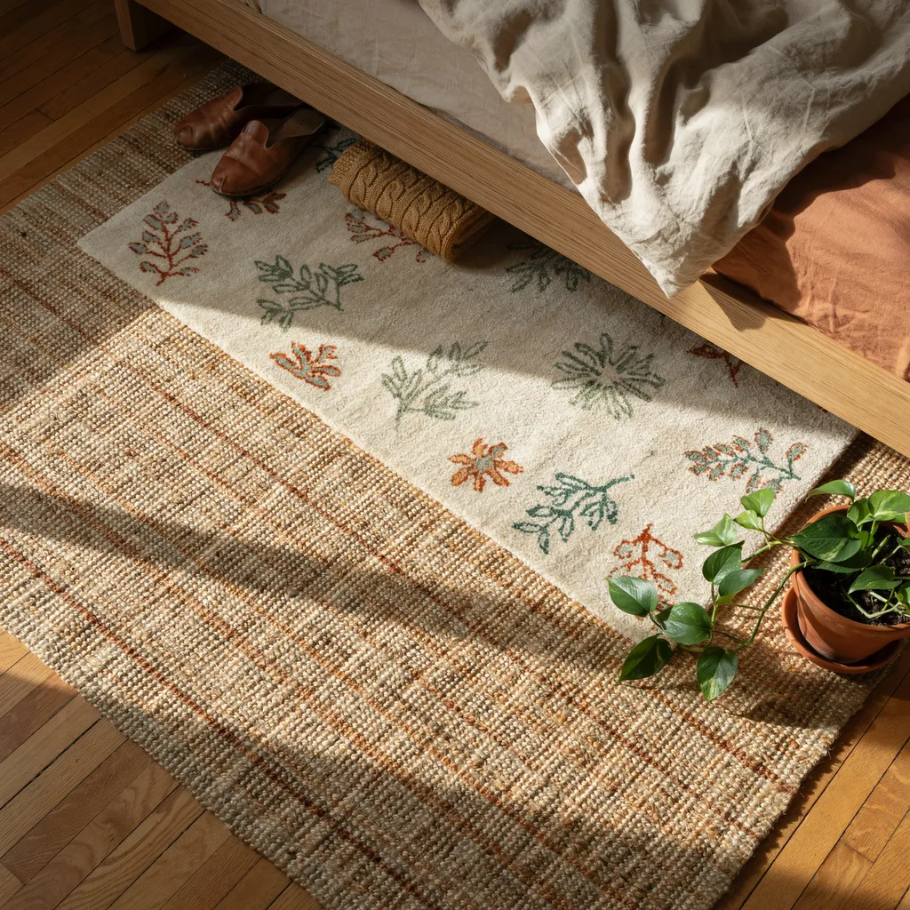 Layered jute and wool natural fiber rugs adding warmth and depth to compact bedroom floor