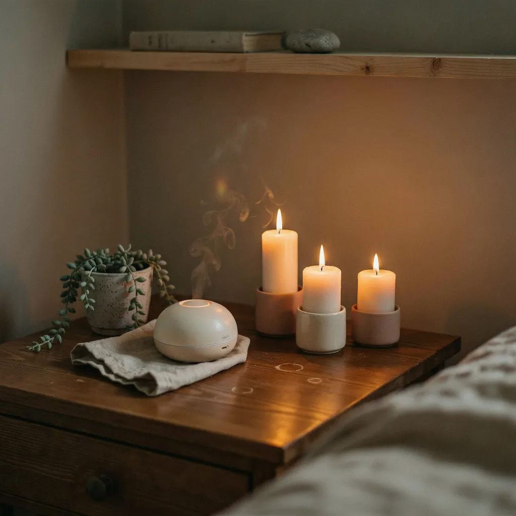 Cozy nightstand vignette with beeswax candles essential oil diffuser and linen book