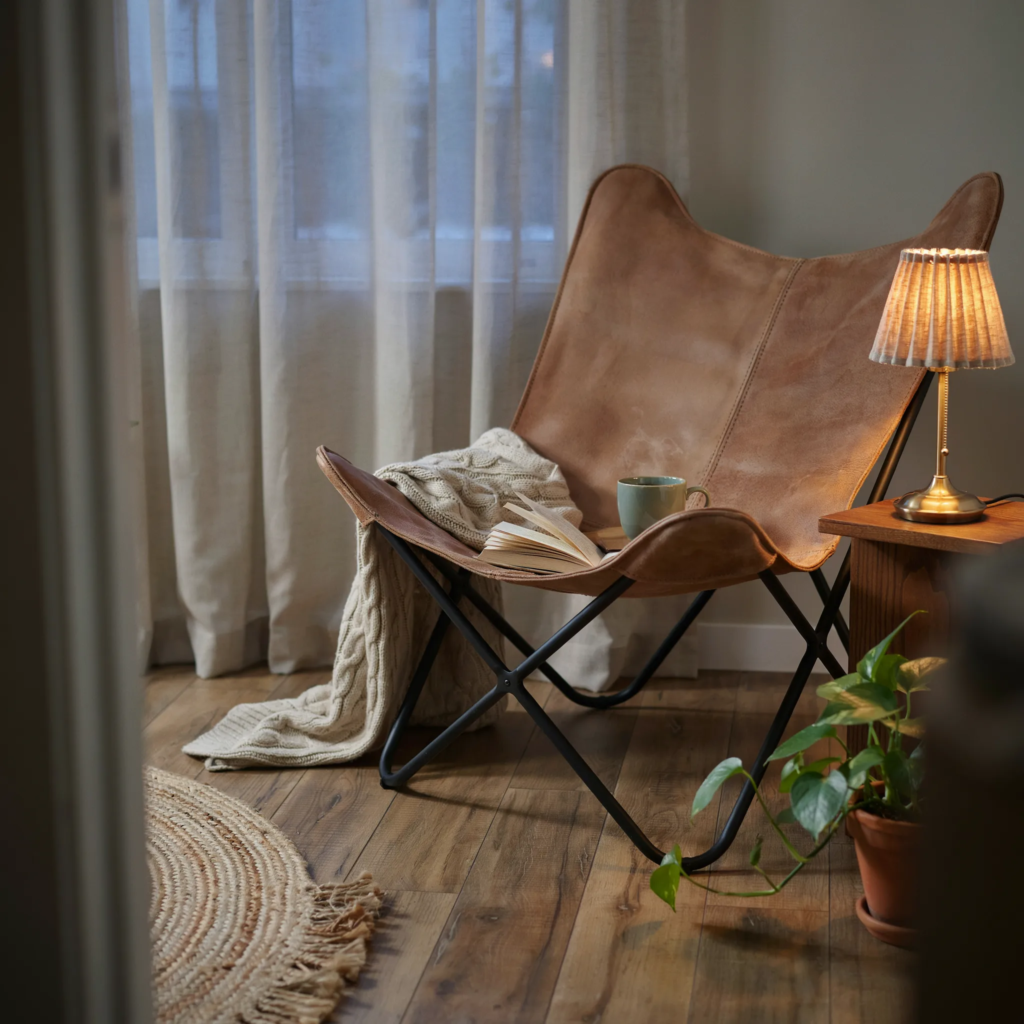 Distressed tan suede butterfly chair in cozy bedroom corner