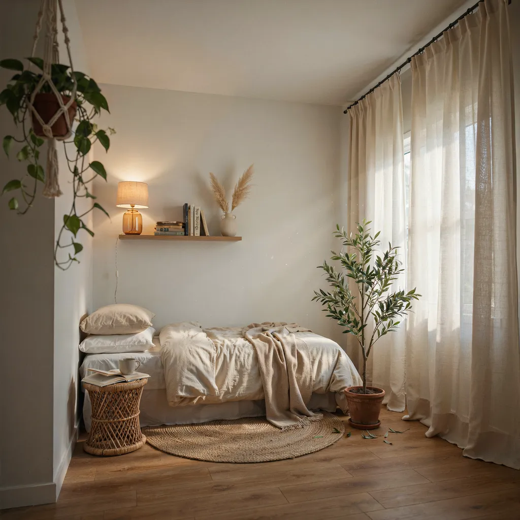 Sheer linen curtains hung at ceiling height making small room feel tall and spacious